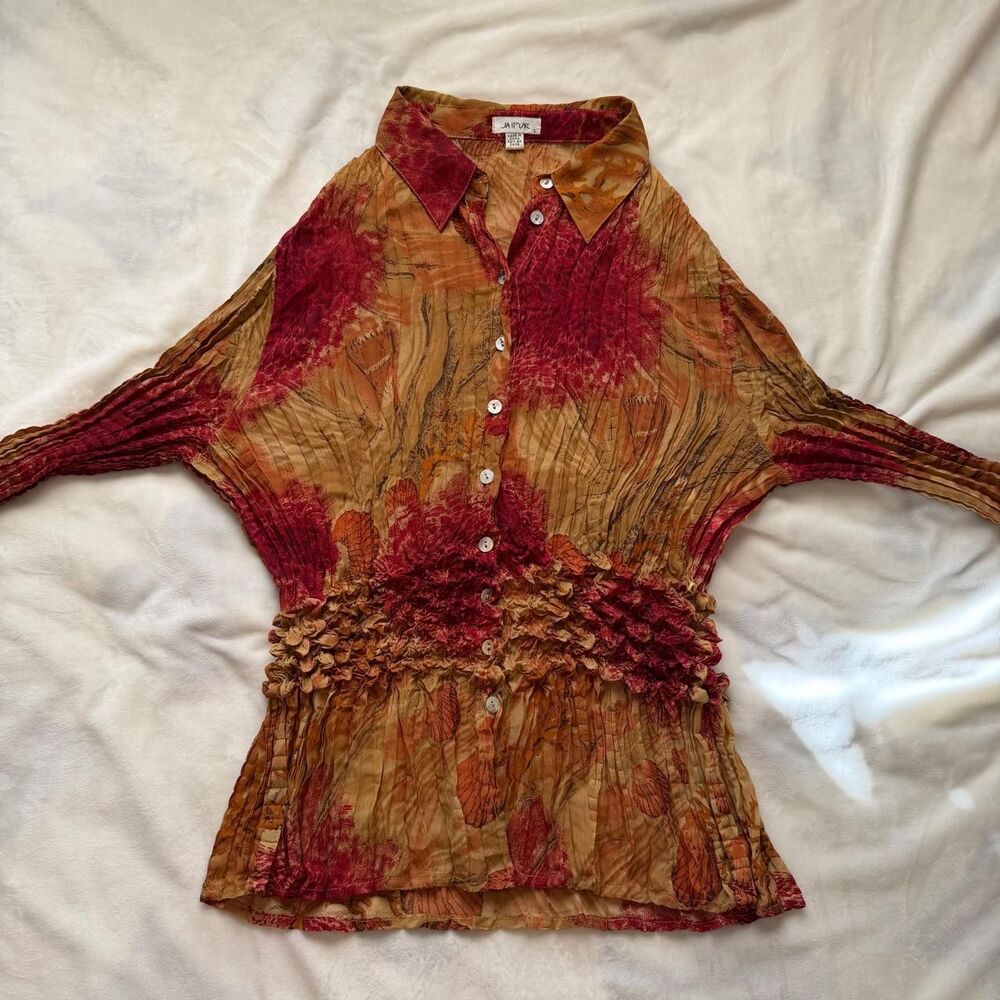 vintage y2k Jaipur red orange button up blouse size L ruffles boho indie fairy